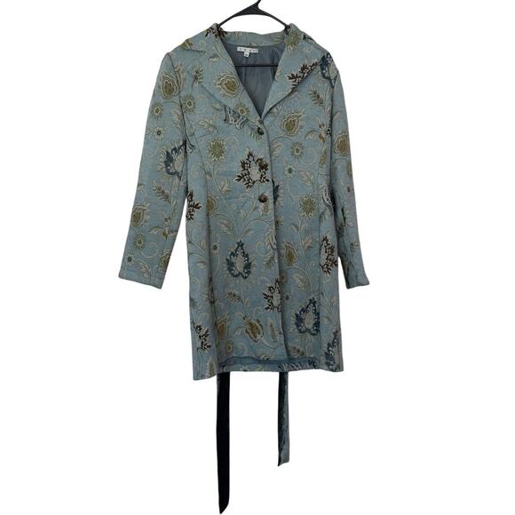 CAbi Guinevere Floral Jacquard Tapestry Longline Belted Coat Size 6 Blue Green - Picture 2 of 9